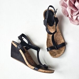 Bass SunJuns Bloom Cork Wedge T-Strap Sandals Black Women’s 9.5M